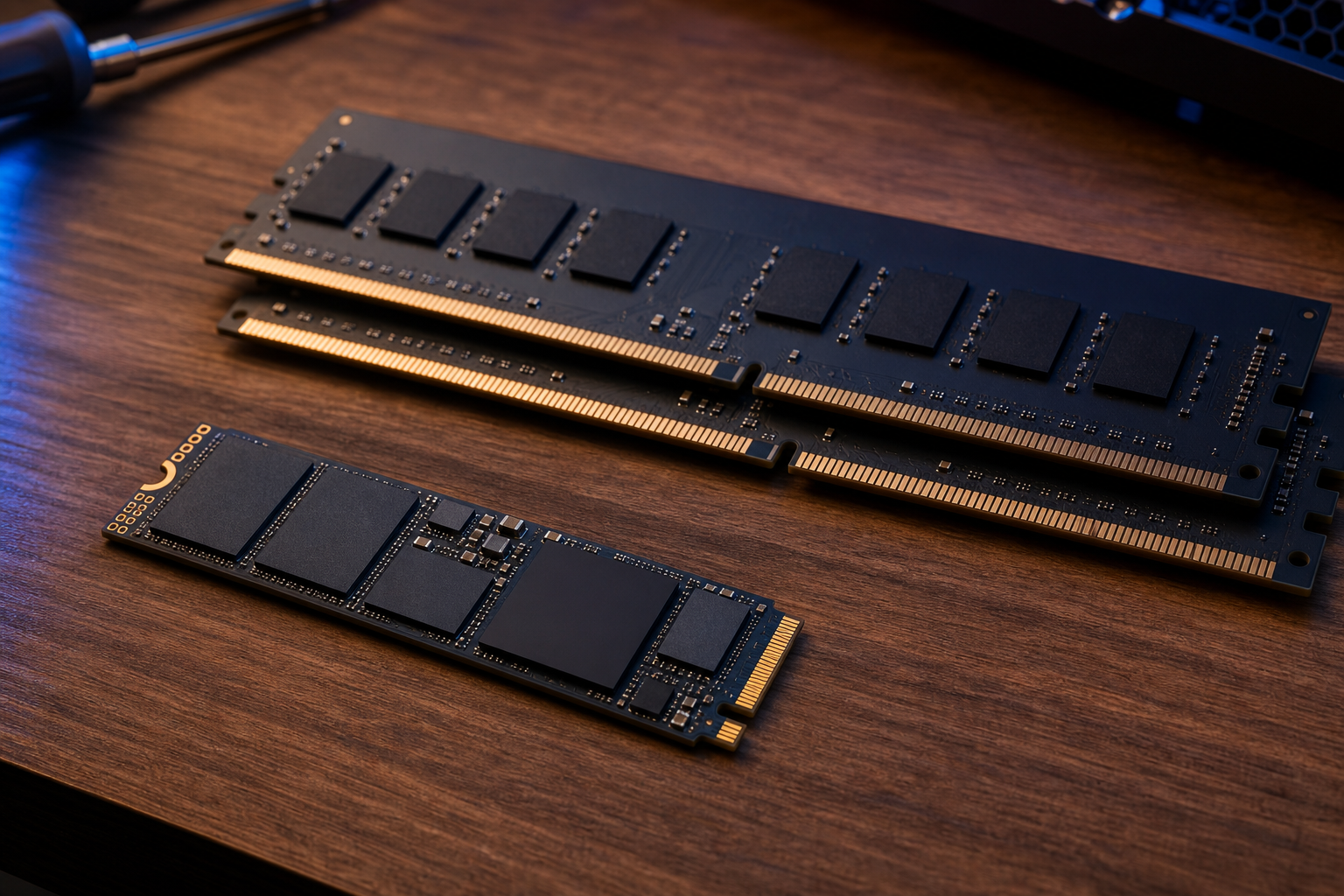 Moduli RAM e SSD NVMe pronti per l'installazione durante un upgrade PC