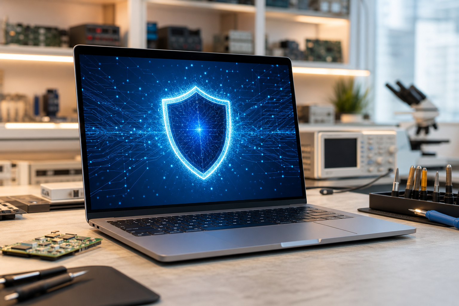 Schermo di un PC con scudo di sicurezza digitale durante la rimozione virus e ripristino del sistema